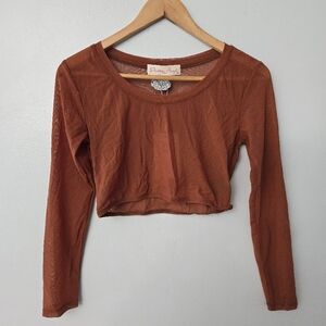Pretty Angel Womens S / M Sheer Mesh Long Sleeve Burnt Orange Crop Top Festival